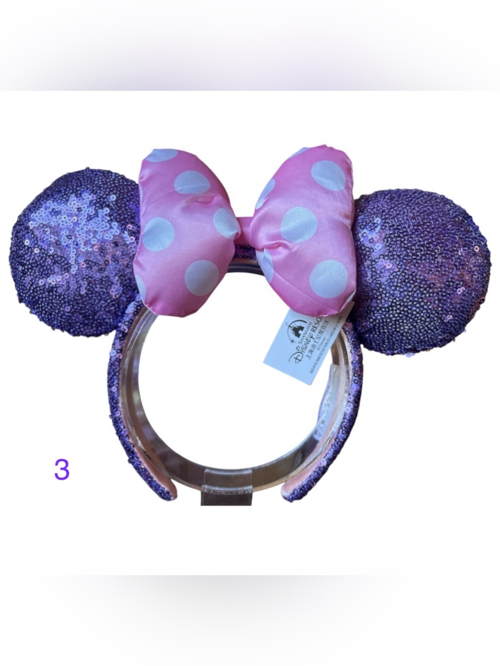 Disney Parks Minnie Mouse Purple Sequin Ears Pink Puffy Polka Dot Bow NEW! 3